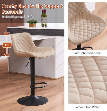 YOUTASTE Khaki Bar Stools Set of 2, Mid-Century Modern Adjustable Swivel Counter Height Chairs with Back, Faux Leather Upholstery, Black Metal Base, Ideal for Kitchen, Island, Dining Room, Restaurant