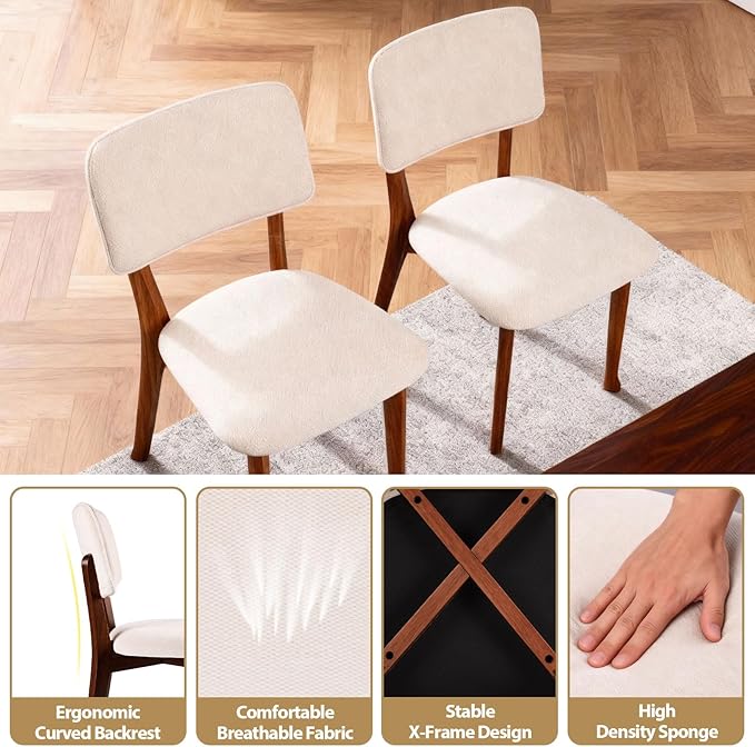 Wooden Dining Chairs Set of 6, Mid Century Modern Kitchen Chairs with Fabric Upholstered and Curved Backrest for Dining Room, Restaurant/Cafe, 300LBS Capacity, Walnut