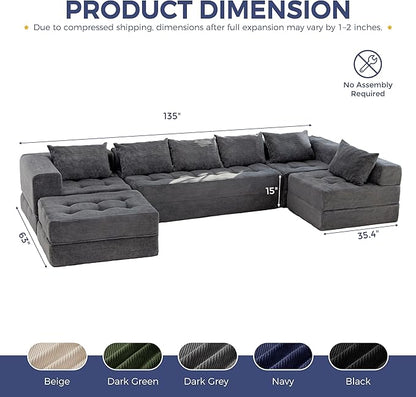 MAXYOYO Modular Sectional Sofa Couch, Foldable U Shaped Cloud Couch with Pillows, Tufted 7-Seat Boneless Lounger Floor Sofa Bed for Living Room, No Assembly Required, Dark Grey