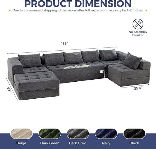 MAXYOYO Modular Sectional Sofa Couch, Foldable U Shaped Cloud Couch with Pillows, Tufted 7-Seat Boneless Lounger Floor Sofa Bed for Living Room, No Assembly Required, Dark Grey