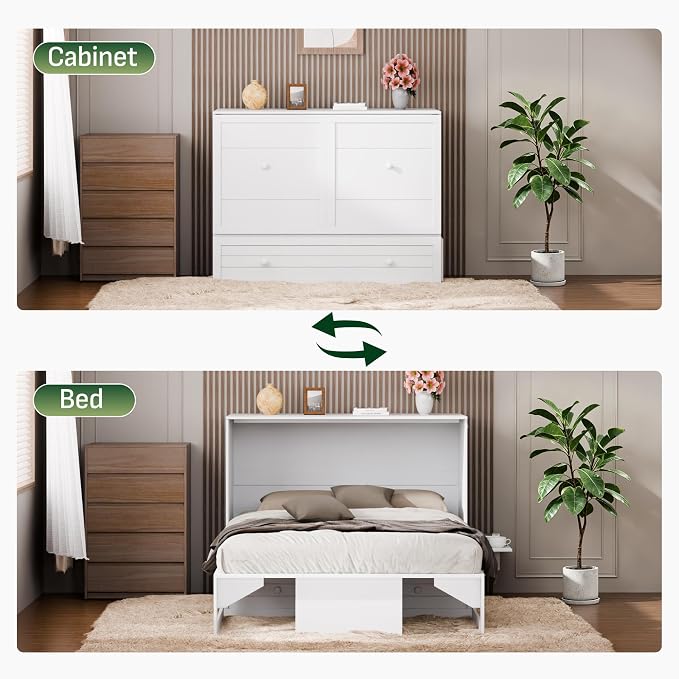 Softa Murphy Bed Full with Drawer, 1200Lb Support, Fold-Down Side Table & Charging Station, Mattress Storage Space, No Box Spring Needed, Space Saving Murphy Bed Cabinet for Guest Room & Home Office
