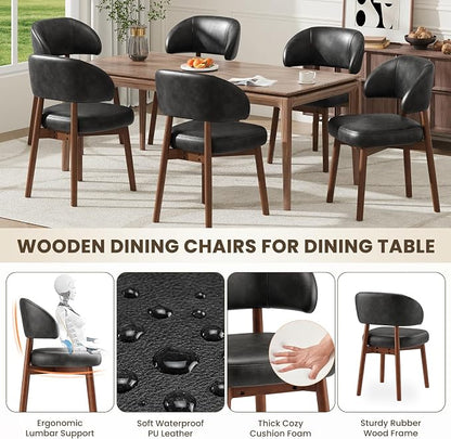 MALOL Wooden Dining Chairs Set of 2, Modern Upholstered Dining Room Chair, PU Leather Kitchen Side Chairs with Curved Open Back for Living Room/Restaurant/Cafe, Black