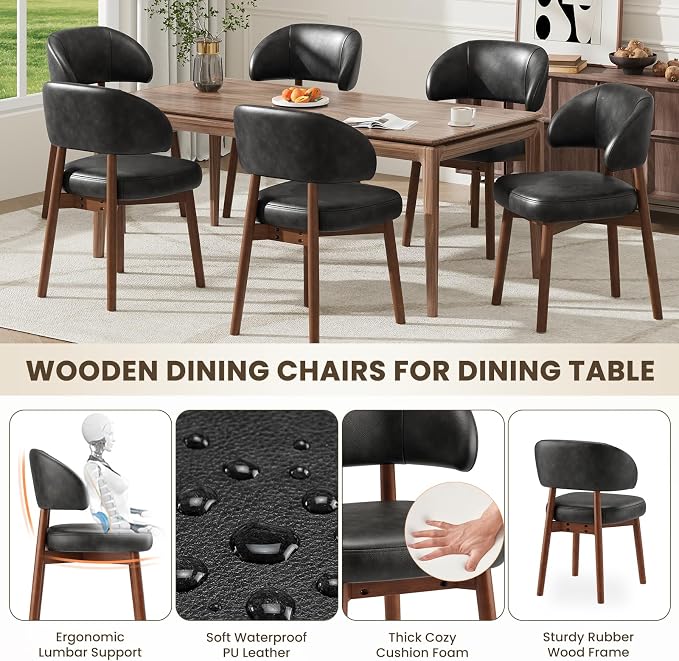 MALOL Wooden Dining Chairs Set of 6, Modern Upholstered Dining Room Chair, PU Leather Kitchen Side Chairs with Curved Open Back for Living Room/Restaurant/Cafe, Black