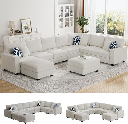 Legend Vansen Oversized Modular Sectional Sofa,U/L‑Shaped Reversible Couch with Ottoman,Deep Seat Plush Polyester Sofa for Living Room,9‑Seater,Cream