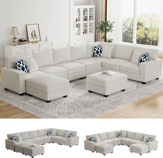 Legend Vansen Oversized Modular Sectional Sofa,U/L‑Shaped Reversible Couch with Ottoman,Deep Seat Plush Polyester Sofa for Living Room,9‑Seater,Cream