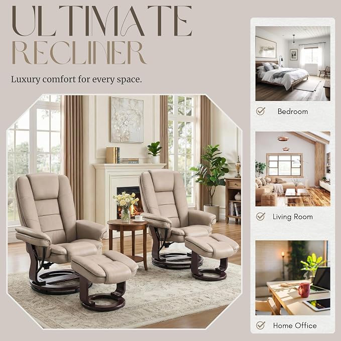 Swivel Recliner Chair with Ottoman Reclining Lounge Sofa Footrest, Set of 1 | 360°Sturdy Wood Base, Soft PU Leather, Upholstered Ultra-Plush Foam, Modern Armchair, Living Room Bedroom Office Reading Home