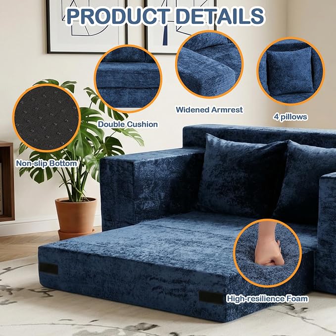 Boneless Loveseat Sofa Bed, 3-in-1 Convertible Sofa Bed Sleeper Sofa Floor Futon Couch for Living Room, Velvet-Blue