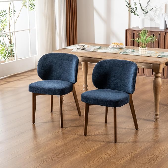 YOUNIKE Dining Chairs Set of 8 Modern Kitchen Dining Room Chairs Navy Blue | Chenille Fabric Upholstered Armless Side Accent Chair with Back Wide Padded Seat Wooden Leg, Soft, Breathable, Comfortable
