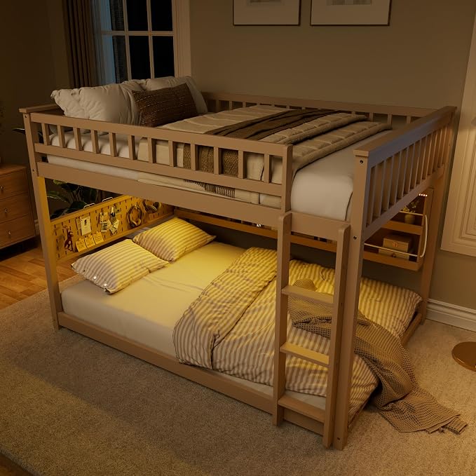 Full Over Full Bunk Bed, Wood Bunk Bed with Integrated Shelving, Color-Changing Lights and Pegboard for Kids Teens Adults, Beige