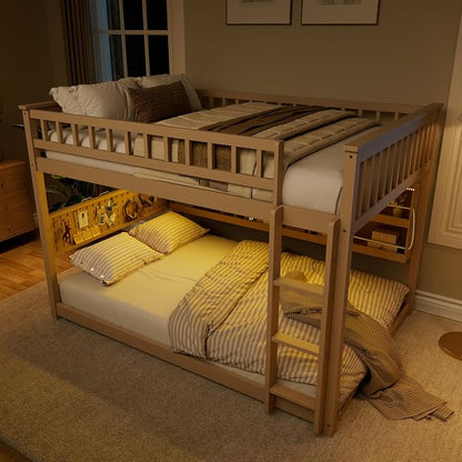 Full Over Full Bunk Bed, Wood Bunk Bed with Integrated Shelving, Color-Changing Lights and Pegboard for Kids Teens Adults, Beige