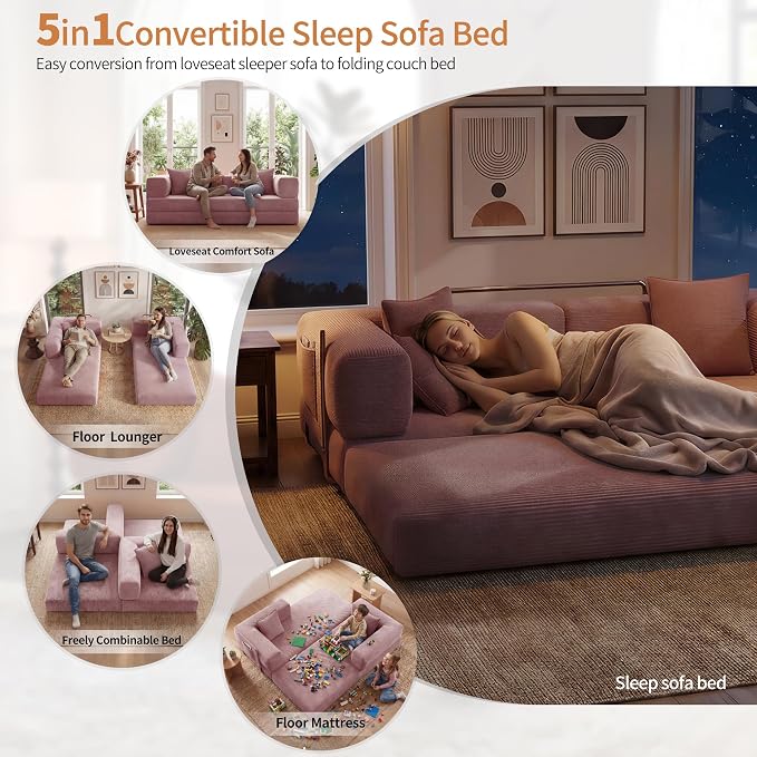 78.8" Convertible Sofa Bed with Armrest Pillow, 4-in-1 Sleeper Couch Bed for Livingroom, Modular Corduroy Boneless couches, No Assembly (Pink)