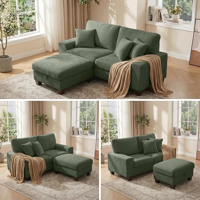 DOPEDIO L-Shaped Sectional Sofa with Storage Ottoman, Modern Chenille Recliner Loveseat, Removable Couch Covers, Pocket Spring Cushions, Solid Wood Frame, Easy to Install (71.25inch, Green)