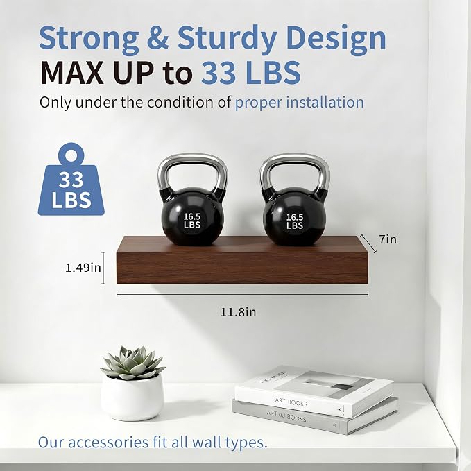 Floating Shelves for Wall, Wall Mounted Rustic Wood Shelves for Bathroom, Bedroom, Living Room & Kitchen, Hanging Shelf for Storage, Books & Room Decor, Walnut-Like, Set of 4, 12"x7"x1.5"