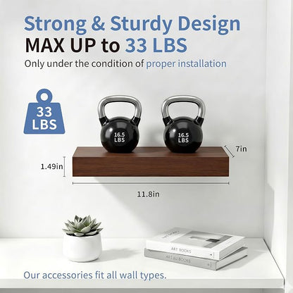 Floating Shelves, Walnut-Like Wooden Set of 3 Wall Mounted Bathroom Shelves Over Toilet, Modern Small Hanging Shelves for Bedroom Living Room Kitchen Rustic Home Decor, 12" x 7" x 1.5"