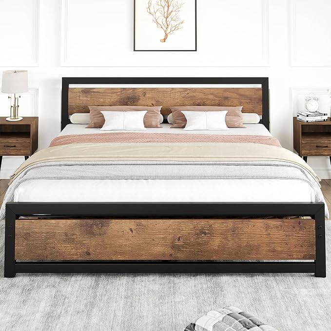 IDEALHOUSE King Size Bed Frame with Wooden Headboard and Footboard, Industrial King Bed Platform, No Box Spring Needed, Noise-Free, 13.8" Under Bed Storage, Easy Assembly