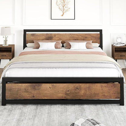 IDEALHOUSE King Size Bed Frame with Wooden Headboard and Footboard, Industrial King Bed Platform, No Box Spring Needed, Noise-Free, 13.8" Under Bed Storage, Easy Assembly