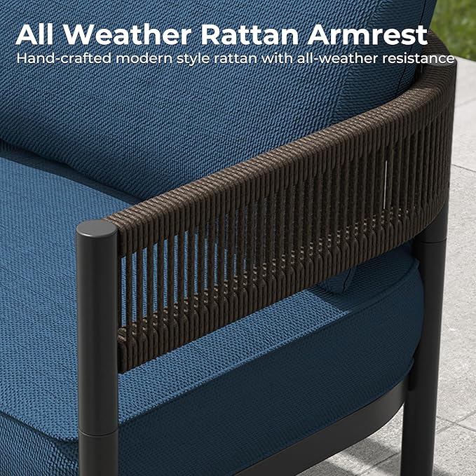 Grand patio 5-Piece Outdoor Furniture Set, 4 Seats Wicker Sofa Conversation Set with Thick Cushions and Coffee Table, for Backyard, Balcony, Garden (Peacock Blue)