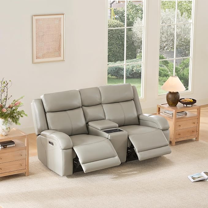 Watson & Whitely Power Reclining Sofa and Loveseat Sets, Genuine Leather Sofa Recliner Couch Set with Power Headrest, Storage Console, USB Ports, Cup Holders, Living Room Furniture Set, Grey
