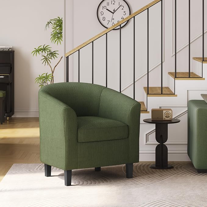 Topeakmart Corduroy Club Chair, Modern Accent Chair and Cozy Barrel Chair with Sturdy Wood Legs for Living Room Bedroom Reception Room, Dark Green