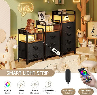 Lazzanto Night Stand Bedside Table Bedroom - Tall Nightstand with Charging Station & LED Light Strip, Bed Side Table with Shelf & Drawers, 2 U-S-B Ports & 2 AC Outlets, Black
