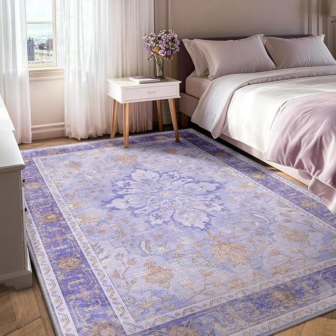 RELEANY Area Rugs 7'x9' Washable Non-Slip, Floral Vintage Distress Medallion Carpet for Living Room Bedroom Dining Room, Light Purple Brown