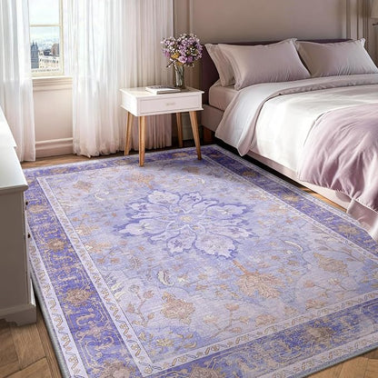 RELEANY Area Rugs 6'x9' Washable Non-Slip, Floral Vintage Distress Medallion Carpet for Living Room Bedroom Dining Room, Light Purple Brown