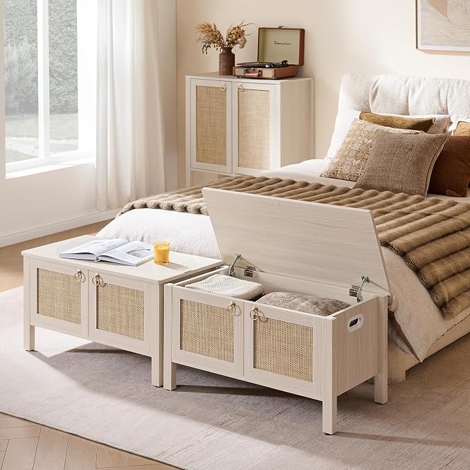 SICOTAS Rattan Storage Bench Boho Storage Chest with 2 Safety Hinges | Wood Storage Truck Box for Bedroom, Living Room, Entryway, Supports 220 lb, White Oak