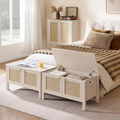 SICOTAS Rattan Storage Bench Boho Storage Chest with 2 Safety Hinges | Wood Storage Truck Box for Bedroom, Living Room, Entryway, Supports 220 lb, White Oak