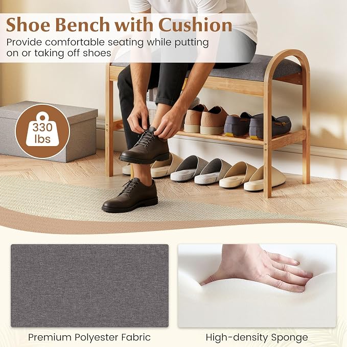 Giantex Shoe Rack Bench, Bamboo 2-Tier Entryway Bench with Padded Cushion, Shoe Storage Bench for Hallway, Closet, Foyer, Living Room, Bedroom, Mudroom