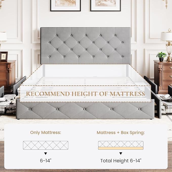 SHA CERLIN Upholstered Full Size Platform Bed Frame with 4 Storage Drawers, Adjustable Headboard with Diamond Stitched Button Tufted Design, Wooden Slat Support, No Box Spring Needed, Light Grey