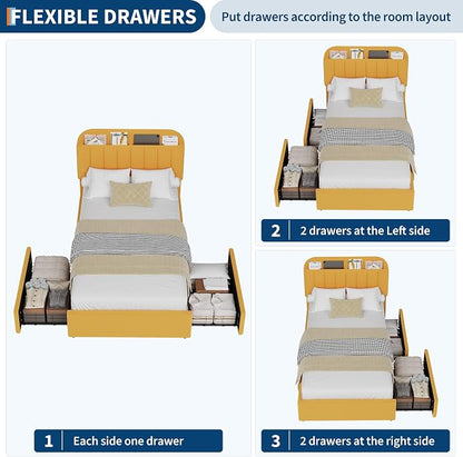 Garvee Twin Size Bed Frame with 2 Flexible Drawers, Boucle Upholstered Platform Bed Frame with Bookcase Headboard, Bedframe for Kids/Girls, Easy Assembly, No Box Spring Needed, Noise Free, Yellow