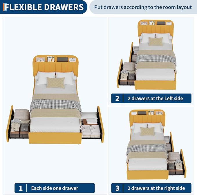 IDEALHOUSE Twin Bed Frame for Kids, Boucle Upholstered Platform Bed for Boys/Girls with 2 Flexible Drawers, Bookcase Headboard, Noise-Free, Easy Assembly, No Box Spring Needed, Yellow