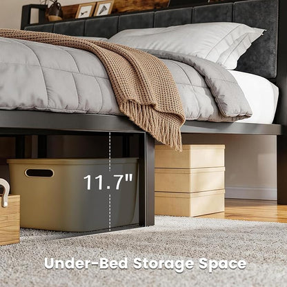 Liians Queen Size Bed Frame with Charging Headboard, Metal Platform Bed with Smart LED Lights, Heavy Duty Metal Slats, No Box Spring Need