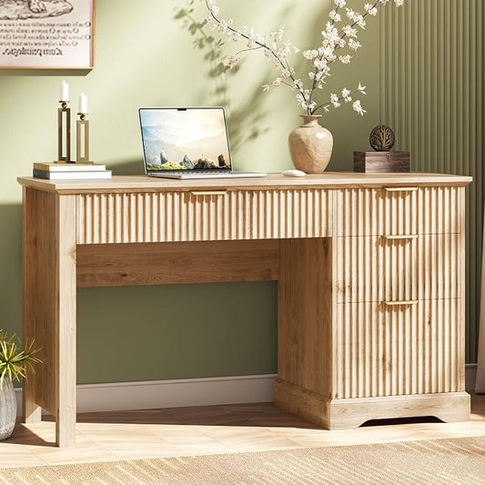 Vabches Fluted Executive Desk with Drawers, Wood Computer Desk with Ample File Drawer, Home Office Desk with Storage for Study, Bedroom, Living Room, Oak