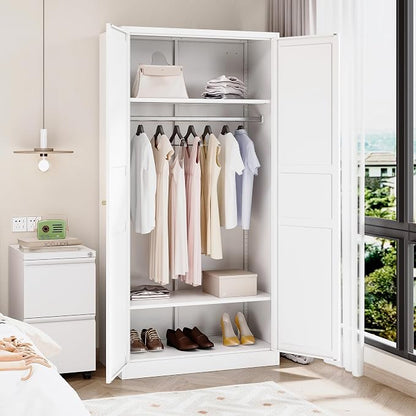 BYNSOE Metal Armoire Wardrobe Closet with 2 Doors 72'' Wardrobe Cabinet with Hanging Rail Metal Closet with Adjustable Shelves for Bedroom Require Assembly(White, 72inch)