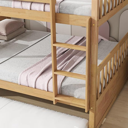 Bellemave Full Over Full Bunk Bed with Trundle,Convertible Bunk Beds with Ladder & Safety Guardrails,Full Size Trundle Bunk Beds for Kids Girls Boys,Natural
