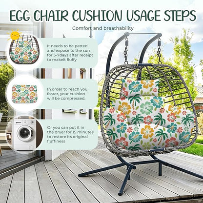Waterproof Egg Chair Cushion Replacement 47x31.5x4.7 inch Thicken Hanging Egg Swing Chair Cushion Indoor Outdoor Wicker Rattan Hammock Basket Cushion with Headrest Pillow, Green Coconut Tree