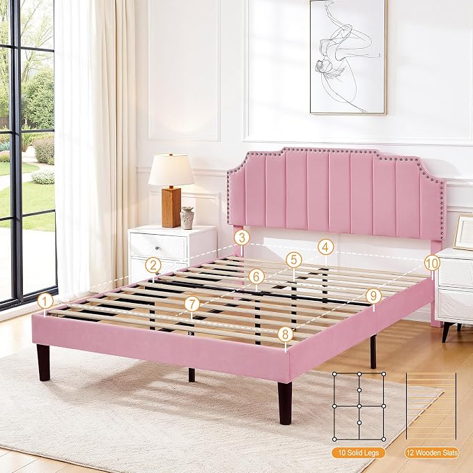 VECELO Queen Velvet Upholstered Platform Bed Frame with 4 Rollers Storage Drawers,Queen Size Bed with Tufted Height Adjustable Headboard,Wooden Slats/No Box Spring Needed/Easy Assembly