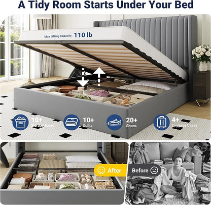 Allewie Full Size Lift Up Storage Bed Frame, Hydraulic Support System, Upholstered Platform Bed Frame, Underneath Storage, Vertical Channel Tufted Headboard with Wingback, No Box Spring Needed, Grey