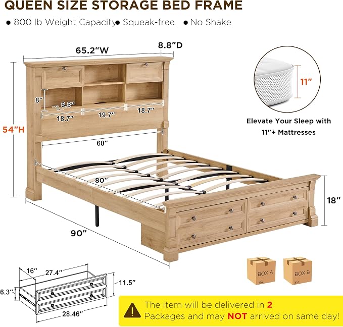 T4TREAM Farmhouse Queen Size Bed Frame with 54" Tall Storage Bookcase Headboard, 18" Roman Column Decoration Footboard,2 Drawer & 4 Storage Rack, Oak