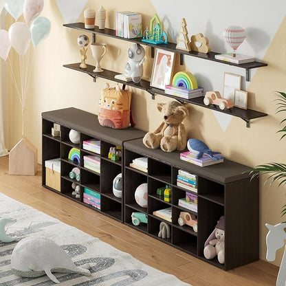 DINZI LVJ Shoe Storage Bench with Cushion, 14-Cubby Shoe Rack, Adjustable Shelves, Multifunctional Shoe Organizer Bench for Entryway, Mudroom, Hallway, Living Room, Bedroom and Garage, Espresso