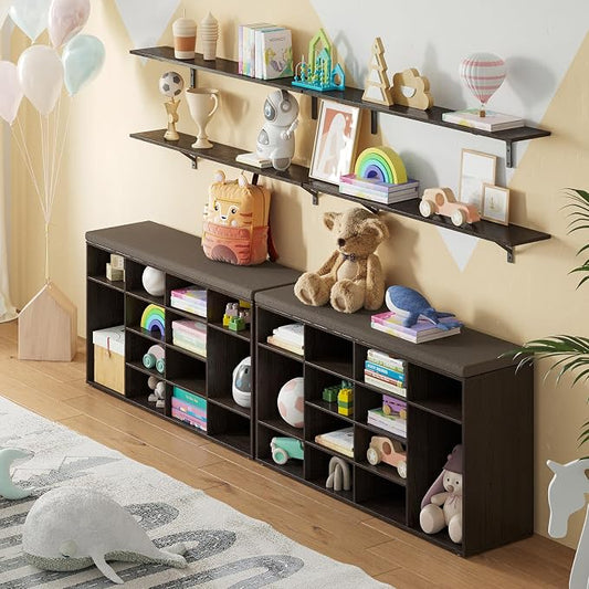 DINZI LVJ Shoe Storage Bench with Cushion, 16-Cubby Shoe Rack, Adjustable Shelves, Multifunctional Shoe Organizer Bench for Entryway, Mudroom, Hallway, Living Room, Bedroom and Garage, Espresso