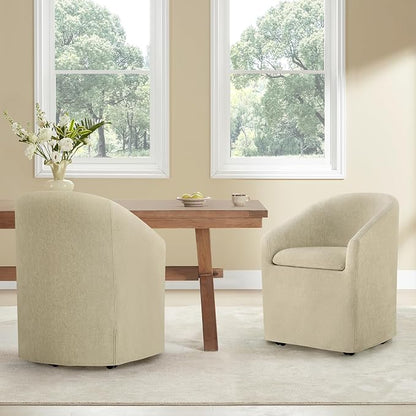 KISLOT Upholstered Dining Chairs with Casters, Washable Cover Modern Dining Room Chairs with Barrel Backrest & Dual Armrest for Kitchen, Living Room, Bedroom, Sand Fabric, 2PCS