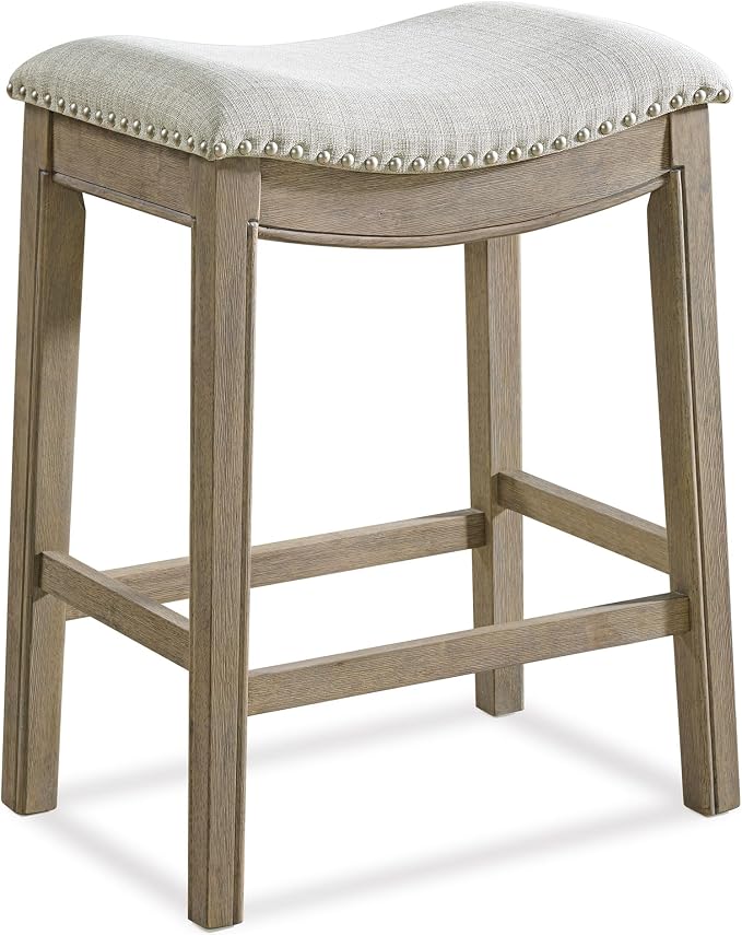 ROME + OAK Parker 26 Inch Counter Stool, Backless Saddle Kitchen Barstool in Reclaimed Oak Finish with Ash Grey Fabric Upholstery Cushion Seat