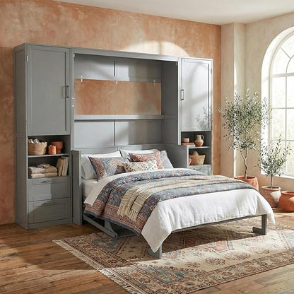 Merax Queen Size Murphy Bed with Desk, Multifunctional Foldable Wall Bed with Closet, Drawers and Shelves, Space-Saving Wood Platform Bed Frame for Small Spaces Studio Study Office Guest Room, Gray