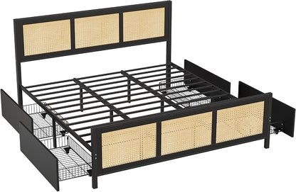 GarveeHome Black Rattan Bed Frame with Headboard, Boho Cane Platform King Size Bed Frame with 4 Drawers, Strong Metal Slats Support, Noise Free, No Box Spring Needed