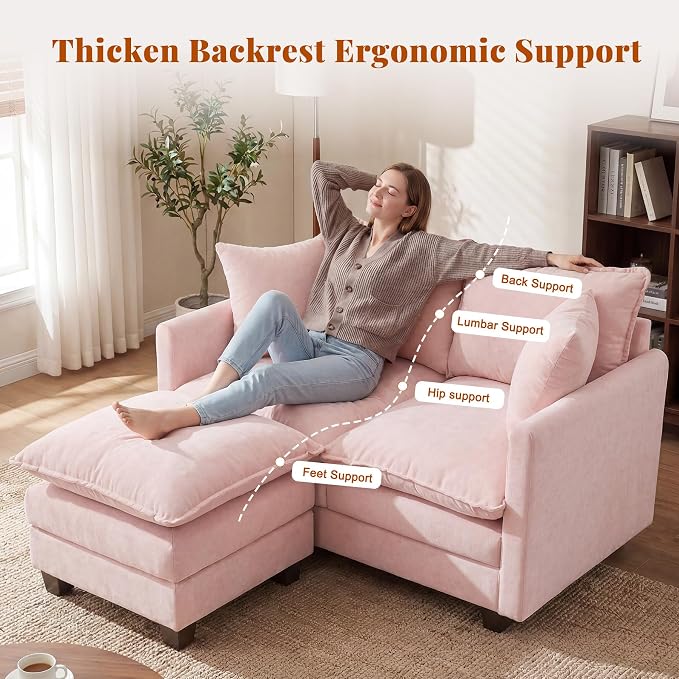 50'' L-Shape Loveseat Sofa with 22" Ottoman, 2 Seat Modern Cloud Couch with 2 Washable Pillows for Small Space Apartment Office Living Room Bedroom, Pink