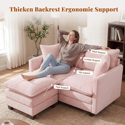 50'' L-Shape Loveseat Sofa with 22" Ottoman, 2 Seat Modern Cloud Couch with 2 Washable Pillows for Small Space Apartment Office Living Room Bedroom, Pink