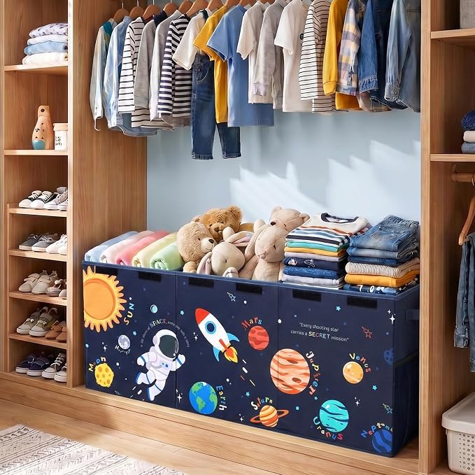 Unicorn Castle Toy Box with Adjustable Divider Toy Chest Storage Large Toy Storage Organizer Bin Collapsible with Lid Pockets for Nursery Playroom,Blue Astronaut