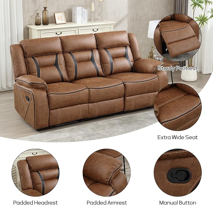 EBELLO Faux Leather Recliner Sofa Furniture Set for Living Room, Recliner Chair, Manual Loveseat, 3 Seat Recliniing Sofa Couch Set for Meeting Room, Brown